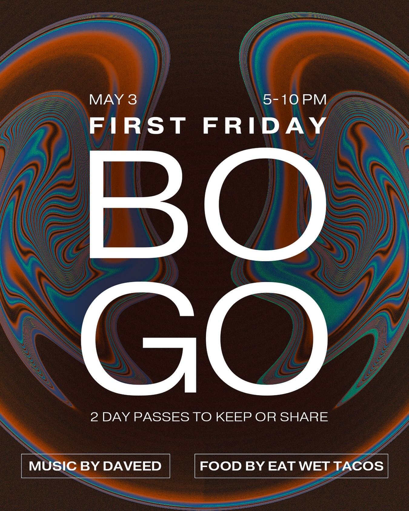 It&rsquo;s First Friday again! Come vibe with the community and enjoy a live DJ set by @davidjohnoks with delicious tacos from @eatwettacos. Bring a friend or snag an extra pass for yourself with Buy One, Get One day passes, get 2 entries for only $2
