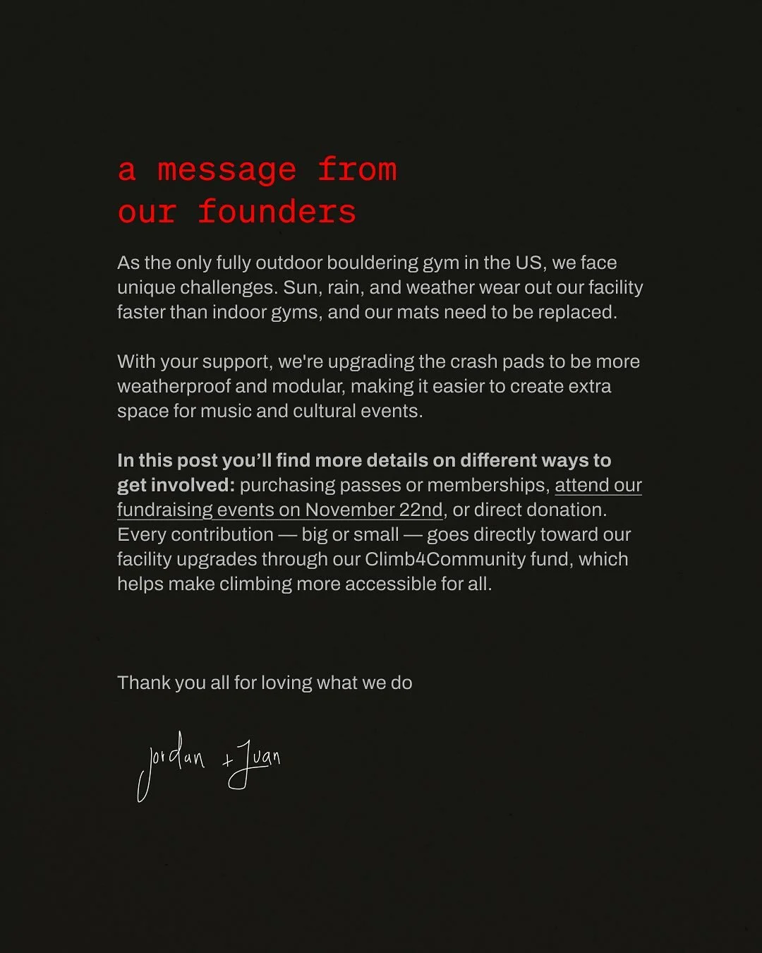 We&rsquo;re calling on the friends and family of Asylum to help us keep building something special &mdash; a space where climbing, music, and community come together.

In this post, you&rsquo;ll find details on how you can get involved: purchasing pa