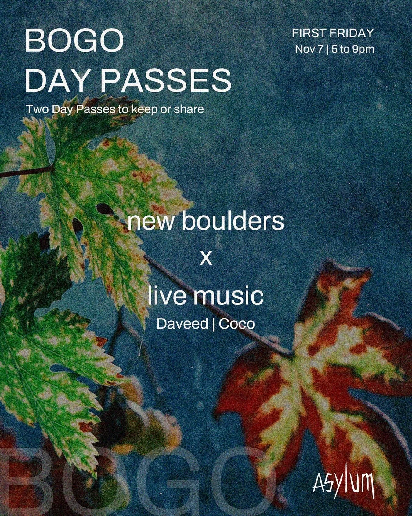 Only two First Fridays left in 2025 🤯 11.07.25

Come climb, dance and vibe as @davidjohnoks and @courtneyasanders provide the beats. Buy One, Get One deal on day passes as always. 

Remember to bring your 2025 Asylum Events punchcard, there are only