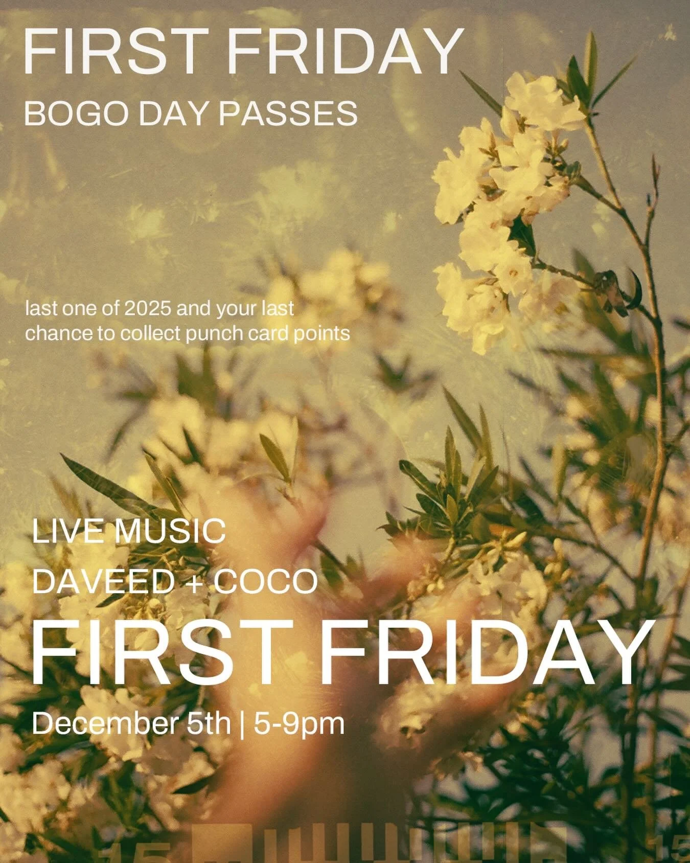 2025 is coming to an end! This week is our last First Friday of the year and the final event for our Asylum events punch card. Buy One, Get One on day passes and live DJ sets from @davidjohnoks and @courtneyasanders 

If you&rsquo;ve gotten all 10 pu