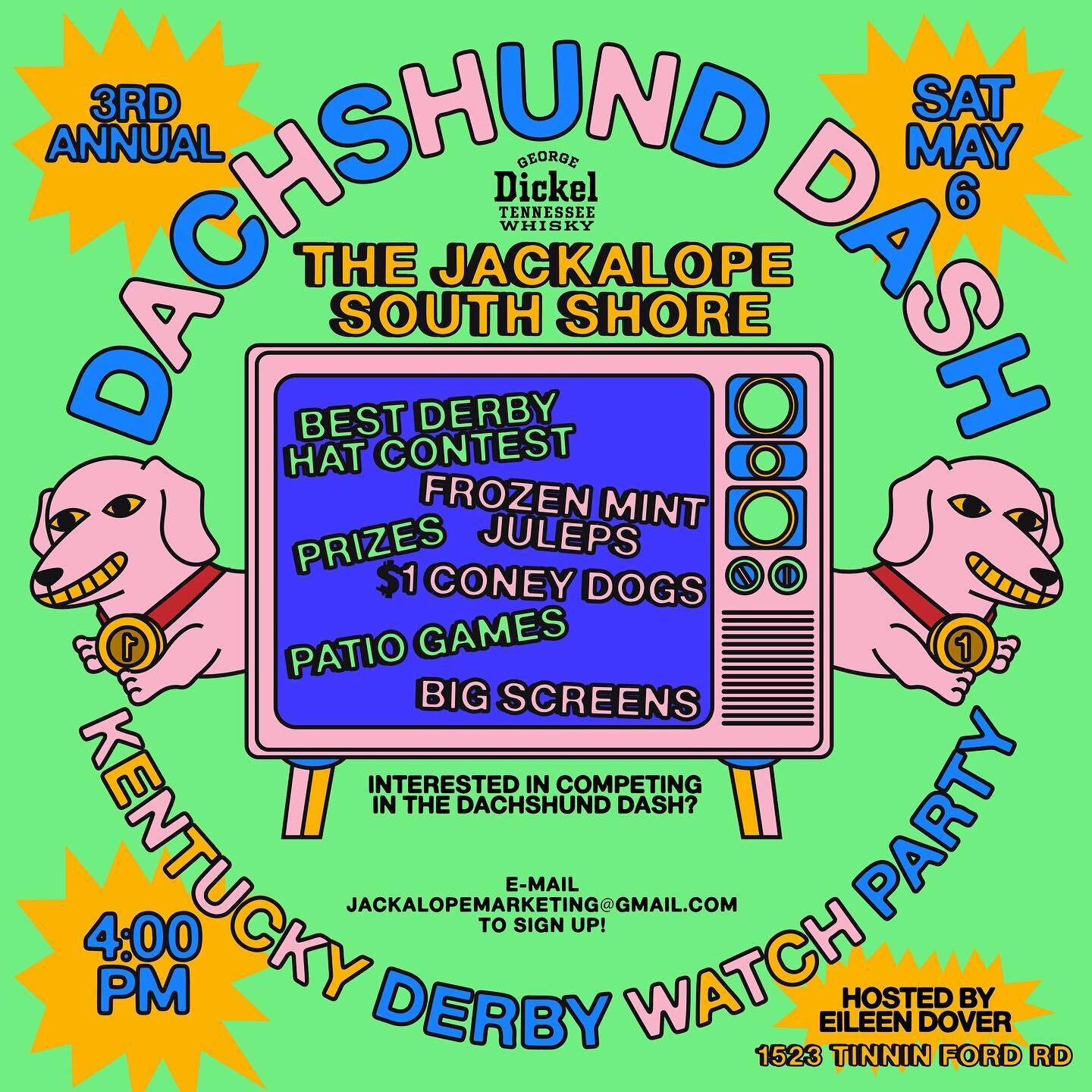Dachshund Dash happening in our backyard this weekend y&rsquo;all! We&rsquo;ll be serving up frozen Mint Juleps and showing the greatest two minutes in sports!