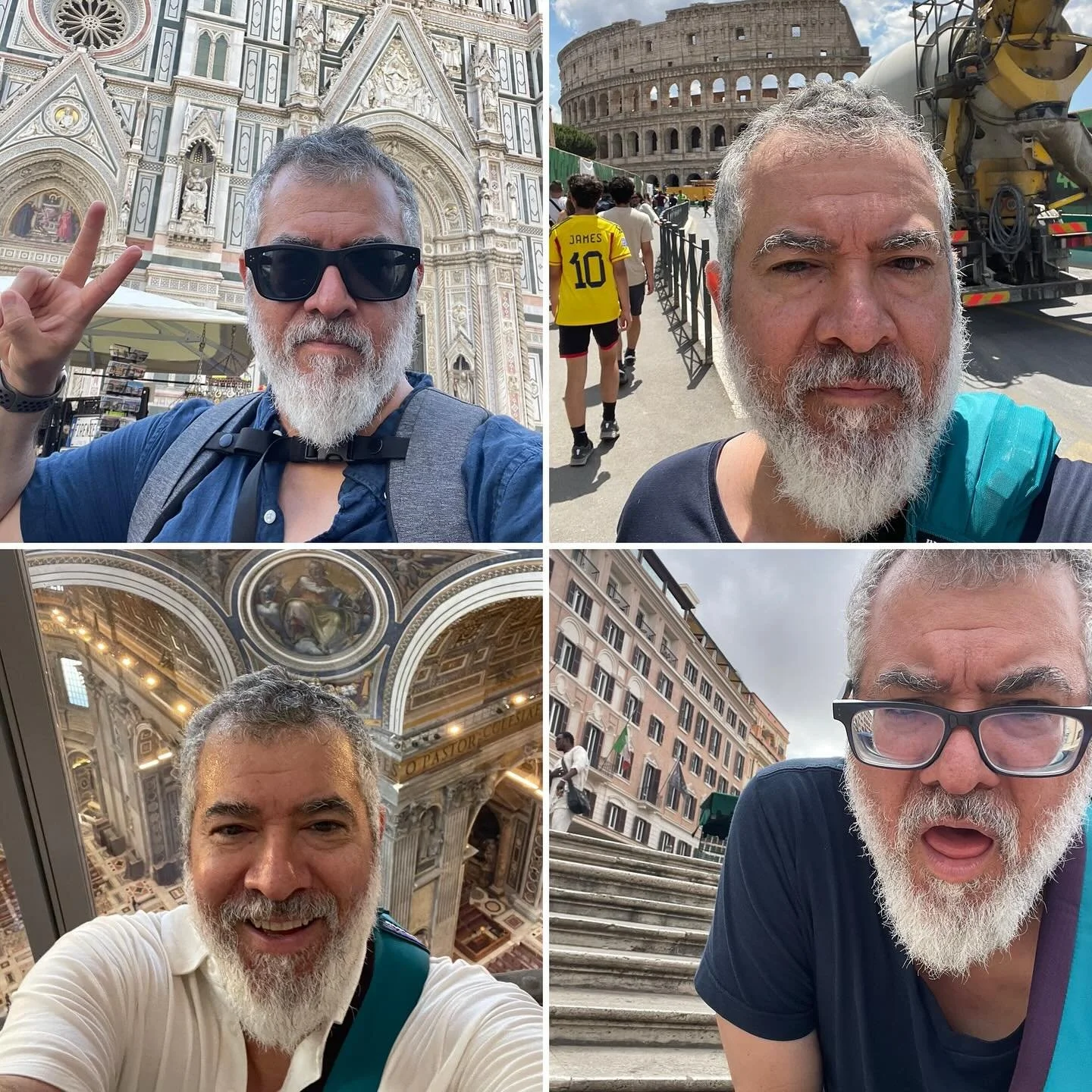 Clockwise: 1) &ldquo;Peace from Florence&rdquo; 2) &ldquo;New Jersey Gladiator Goes to Colosseum&rdquo; 3) &ldquo;Lapsed Catholic in St. Peter&rsquo;s&rdquo; 4) &ldquo;Man Who Should Exercise More Climbs Spanish Steps&rdquo;