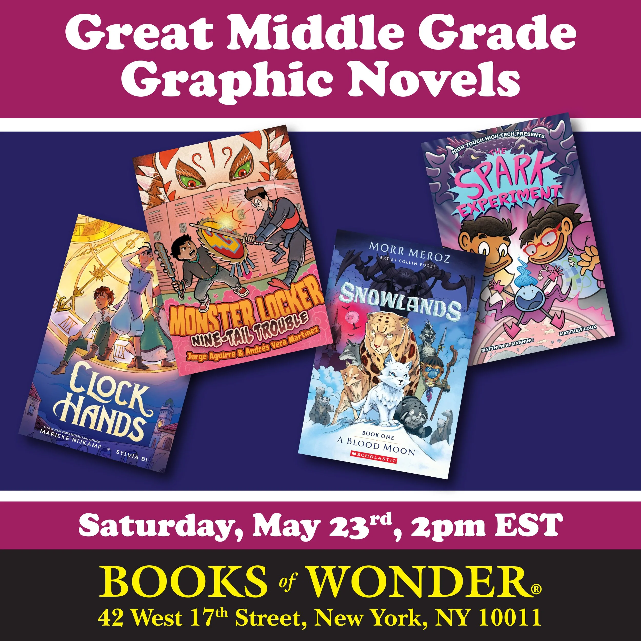Are you in the NYC area and know some middle-grade aged kids who love graphic novels? This event's for you! @avm_draw and I will be talking Nine-Tail Trouble at Books of Wonder. Along with @morrmeroz @rowatree @mattloux 

Saturday - May 23rd - 2pm - 