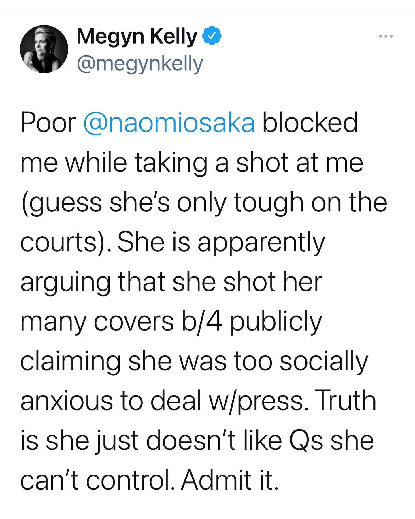 Honestly. Have you nothing better to do with your time and public platform @megynkelly than to try to demoralize and shoot down a young woman who is the best in the world in her field and is taking agency over her own mental health? What is wrong wit