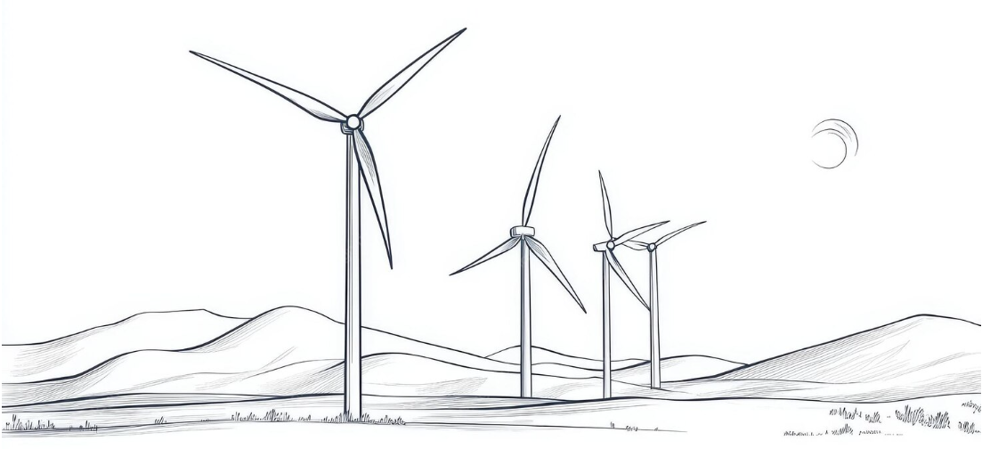 Black and white sketch of a wind farm with four wind turbines on hilly terrain under a partly cloudy sky.