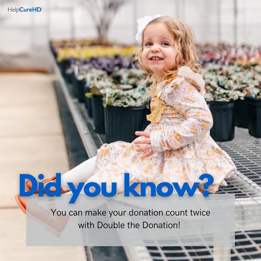 Did you know you can double your donation to HelpCureHD by using Double the Donation? 

Check if your employer offers matching gifts via our website Donation Page and make your contribution go even further in the fight against Huntington&rsquo;s dise