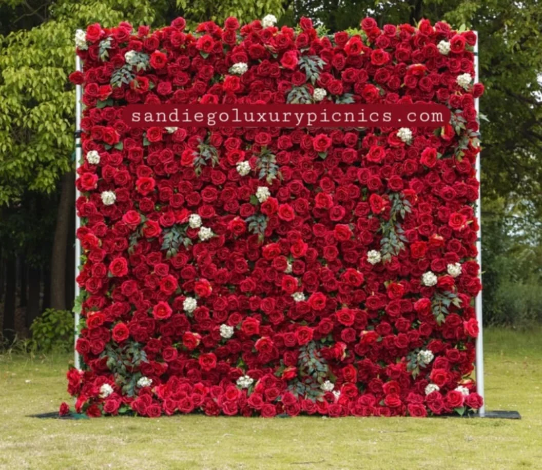 san diego flower wall , red flowerwall, wedding flower walls