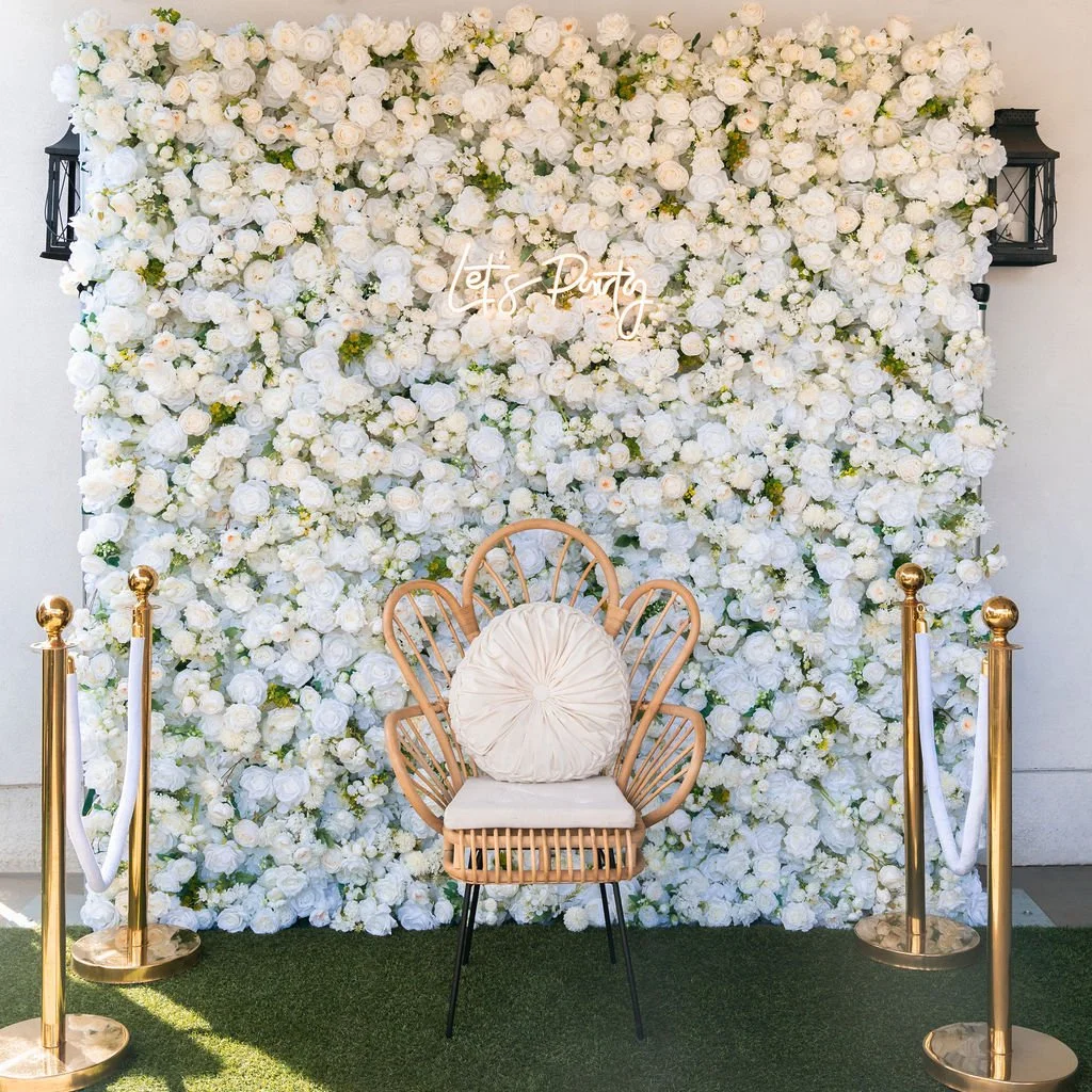 Luxury white flower wall rental for weddings, baby showers, and special events in San Diego