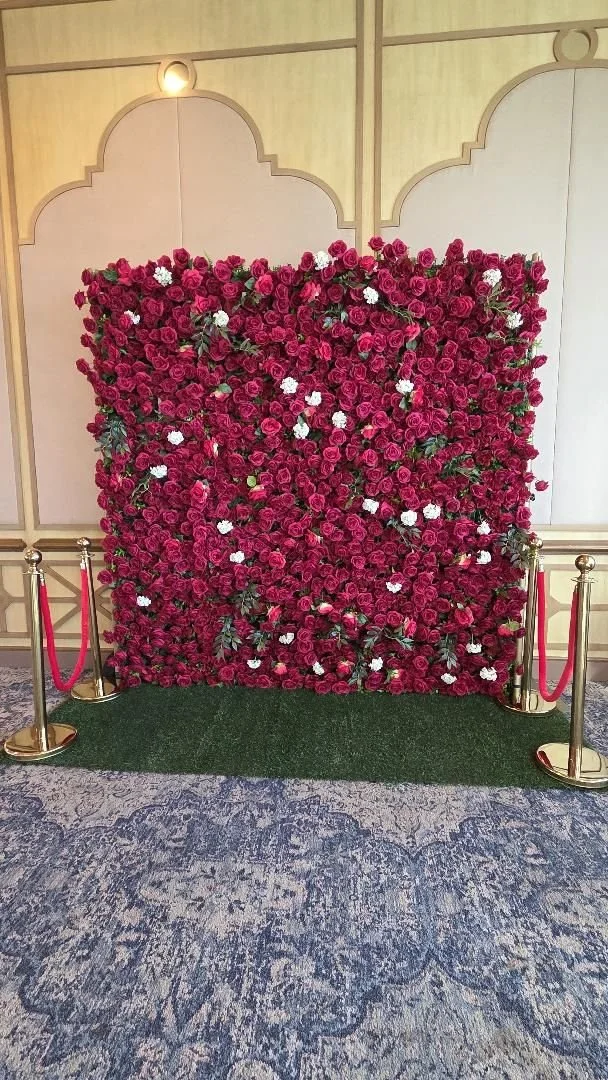 Red flower wall rental for weddings, baby showers,  Quinceañera and special events in San Diego