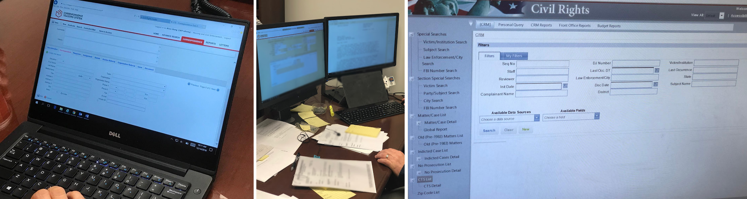 collage of four screenshots showing images of three different computer screens with an record application pulled up (text is blurred)