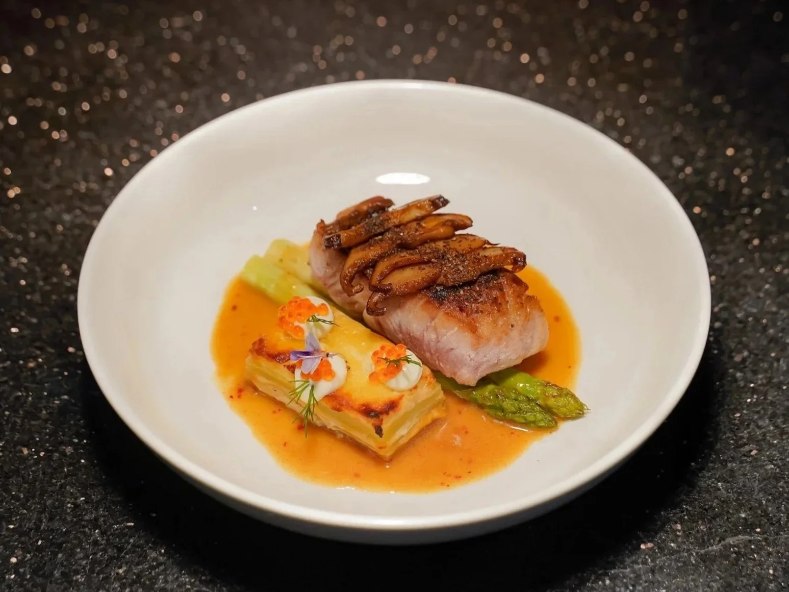 Grilled Dry-Aged Red Snapper With Spinach Roll & Miso Beurre Blanc Sauce  Луциан сухой выдержки на гриле со шпинатным рулетом и соусом мисо-бер-блан