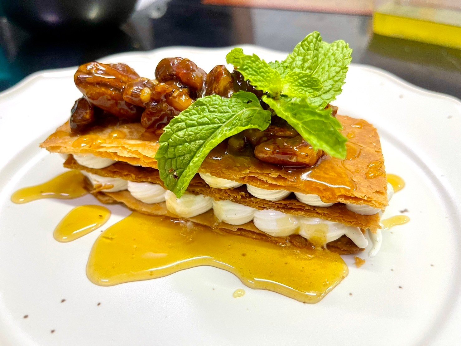 Homemade Frozen Yogurt Mille-feuille, organic honey and caramel walnuts