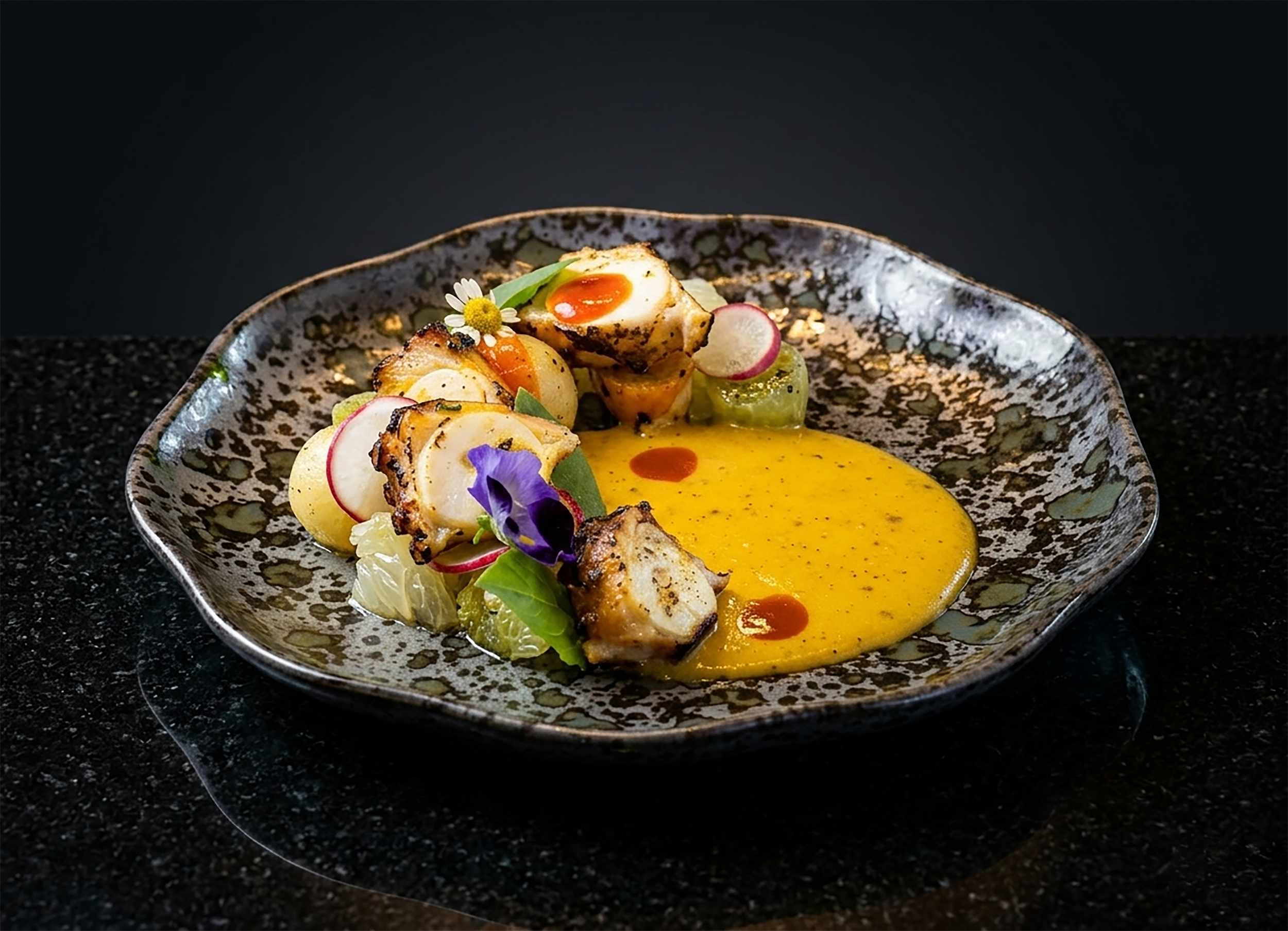 Sambal-Marinated Grilled Octopus, Pomelo Salad with Honey Lemon Mustard  
 Осминог, маринованный в самбале, с салатом из помело и соусом из мёда, лимона и горчицы