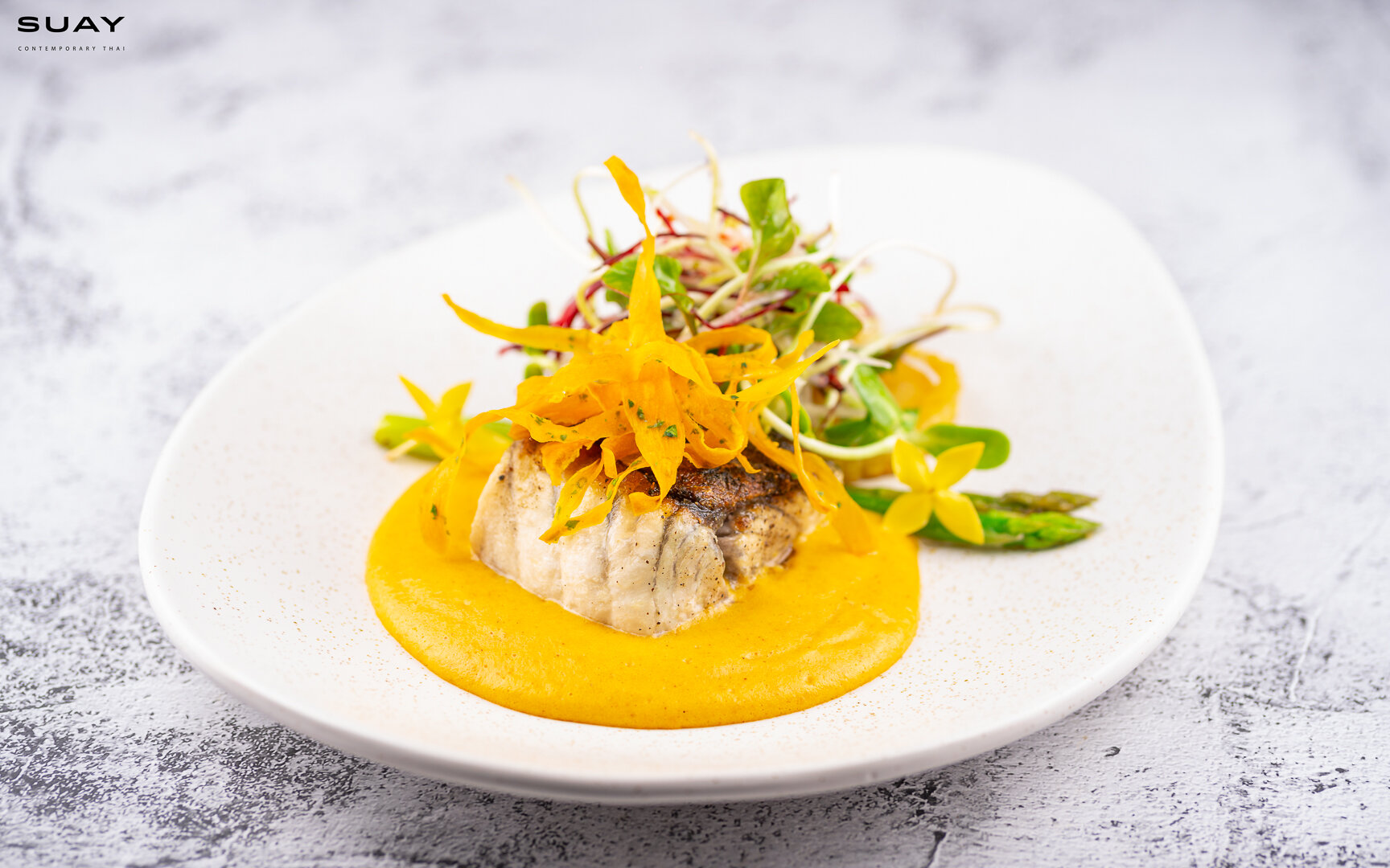Sea bass steak and curry sabayon with green apple-fennel salad and grilled potato.