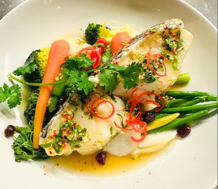 Steamed snow fish, chili & lime dressing, wok-tossed chayote leaf & veggetable