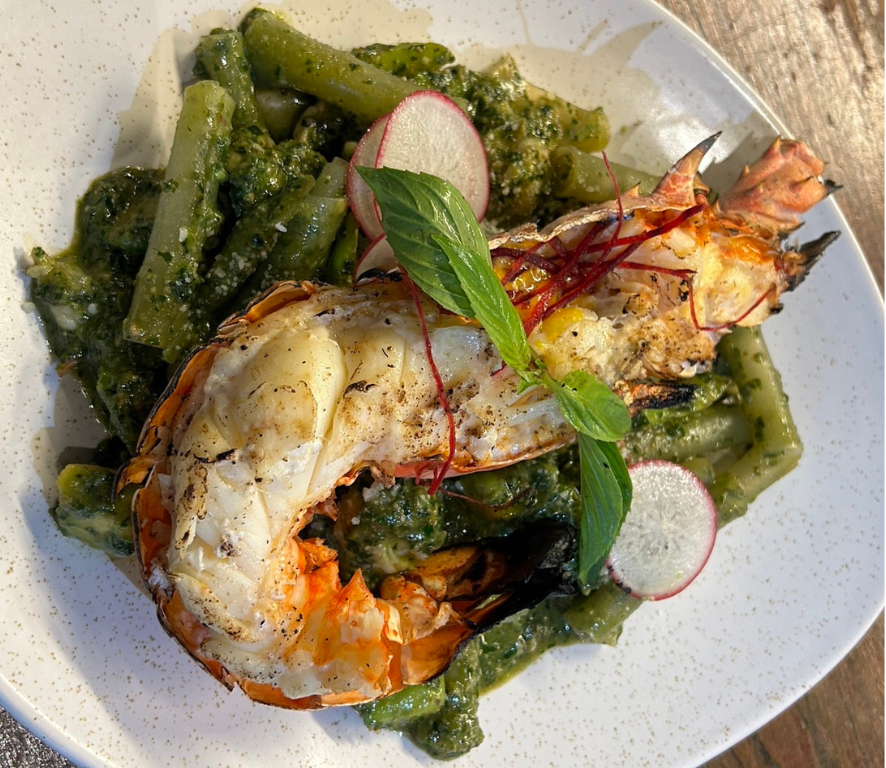 Shanghai noodle pesto, avocado, prawn and lobster meat