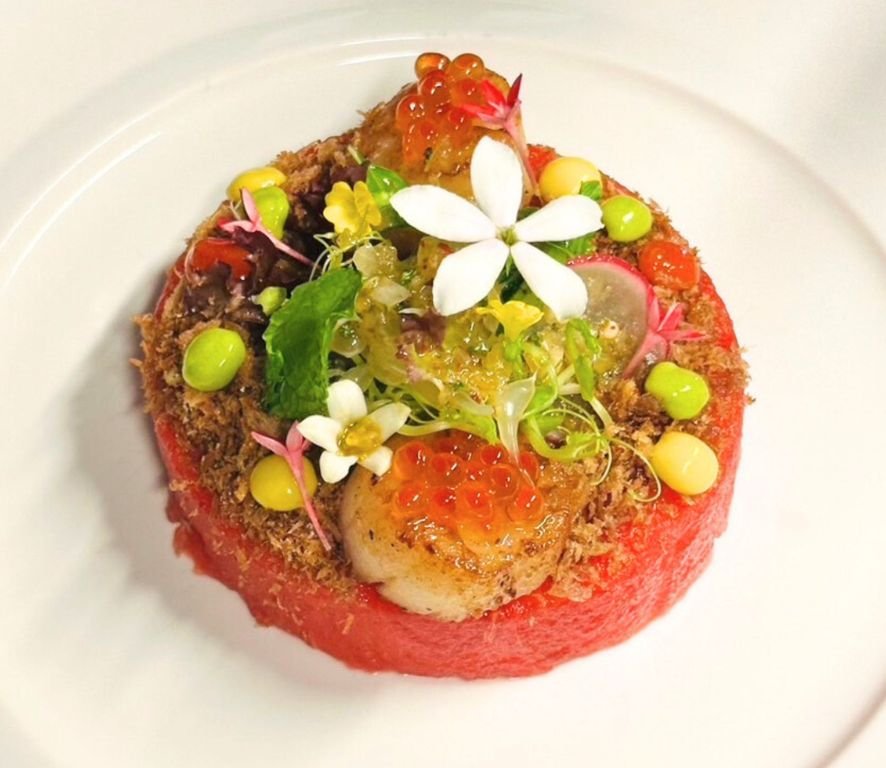 Watermelon with dried dried tuna and crispy fried shallot, pan sear scallops and roasted chili dressing