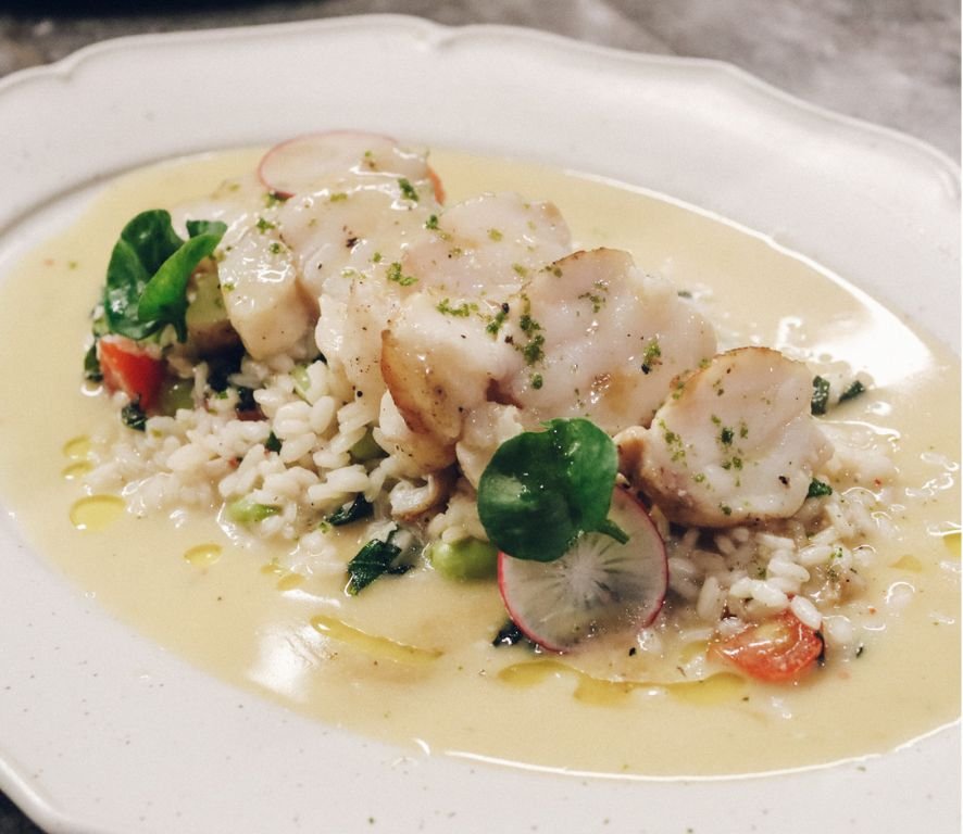 Monk fish with hot basil risotto and lemon oil