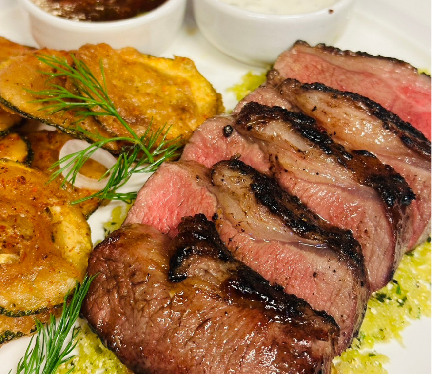 AUS Lamb Picanha steak marinated Lemongrass and Thai herbs crusted served with zucchini chips