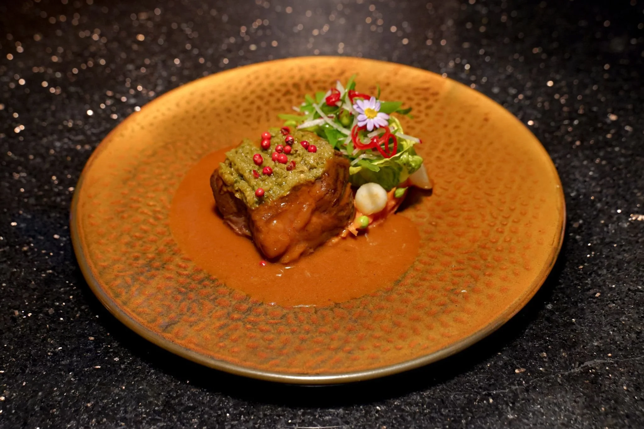 Thai Style Braised Short Ribs With Thai Eggplant Chimichurri & Brussels Sprout Salad  
Тайские томлёные короткие рёбрышки с чимичурри из тайского баклажана и салатом из брюссельской капусты