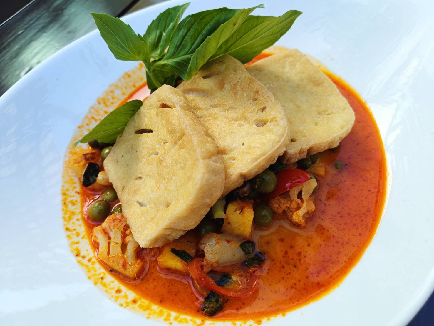 Vegetables in Thai red curry with lychee and pineapple