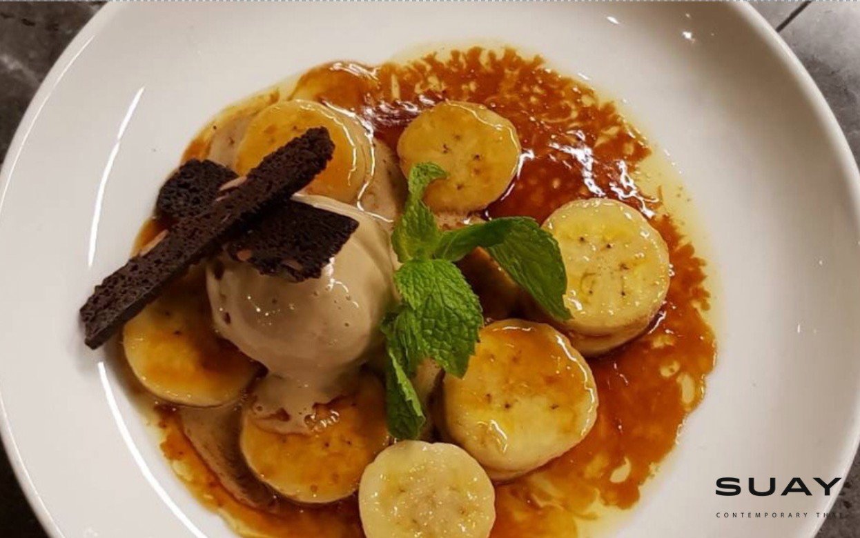 Signature side table Thai banana flambé and homemade Ko-Pi coffee ice cream