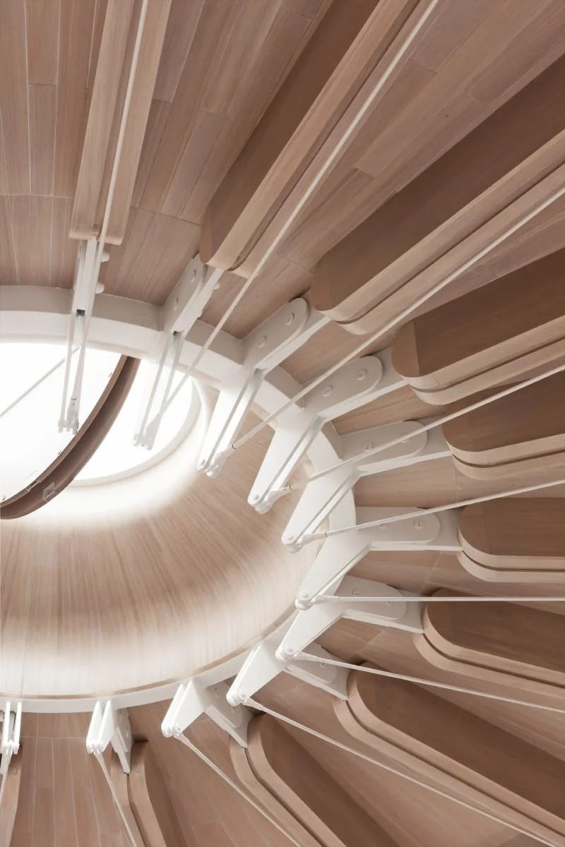 Royal Academy of Music. Angela Burgess Recital Hall. Detail view. A circular rooflight with radial white supporting beams.