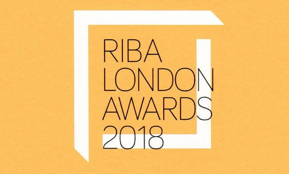 Graphic design for the RIBA London Awards 2018, featuring geometric shapes and a beige background with black text.