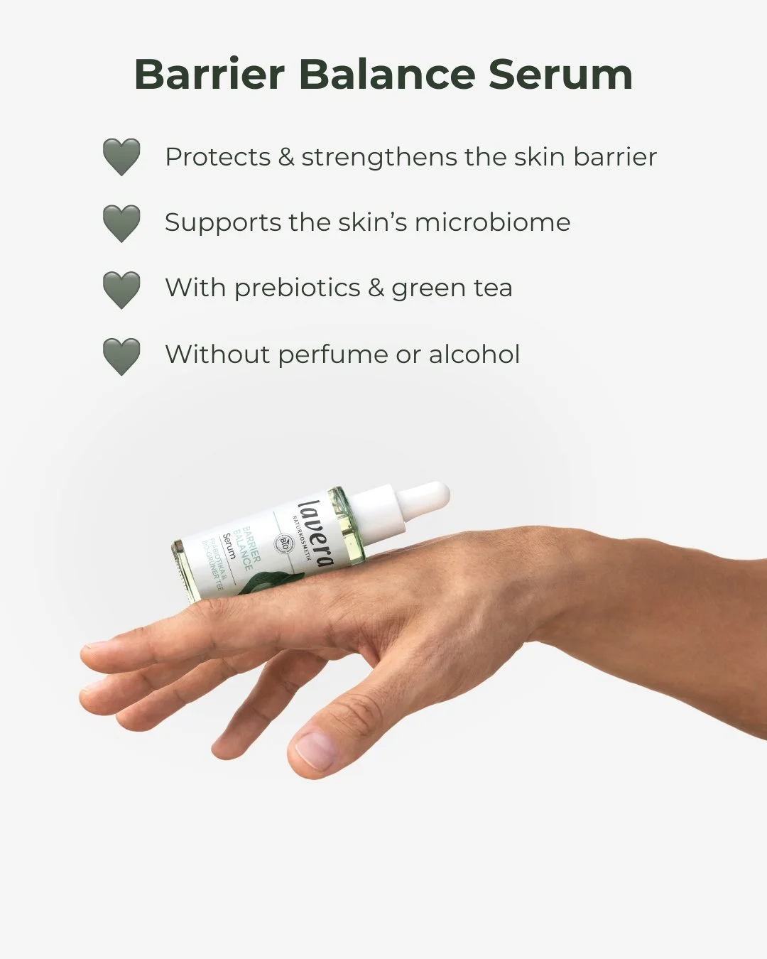The Barrier Balance Serum, free from fragrance and alcohol, is highly concentrated, strengthens the skin barrier and enhances the effect of subsequent care using to key ingredients: prebiotics and organic green tea!

#laverauk #vegan #veganskincare #