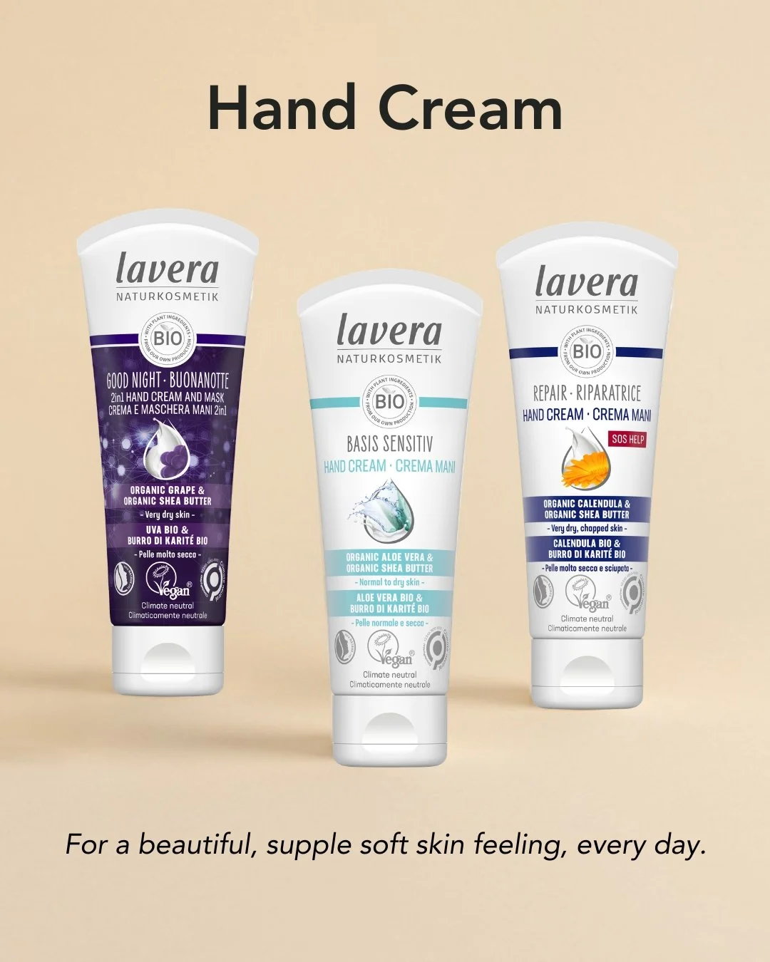 Our hands are our greatest tools, supporting us in every moment. Restore them with lavera&rsquo;s nourishing hand creams:

👉100% Certified Natural: Quality you can trust.
👉Instant Moisture: Feel the difference from the first application.
👉Daily Ca