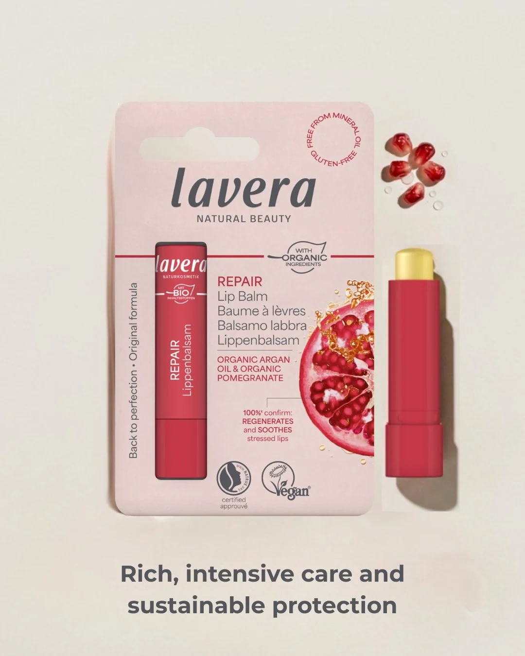 Dry, chapped lips meet their match with our Repair Lip Balm. We&rsquo;ve blended the regenerative power of organic pomegranate with deeply nourishing organic argan oil to support your skin&rsquo;s natural regeneration to keep your smile soft, supple,