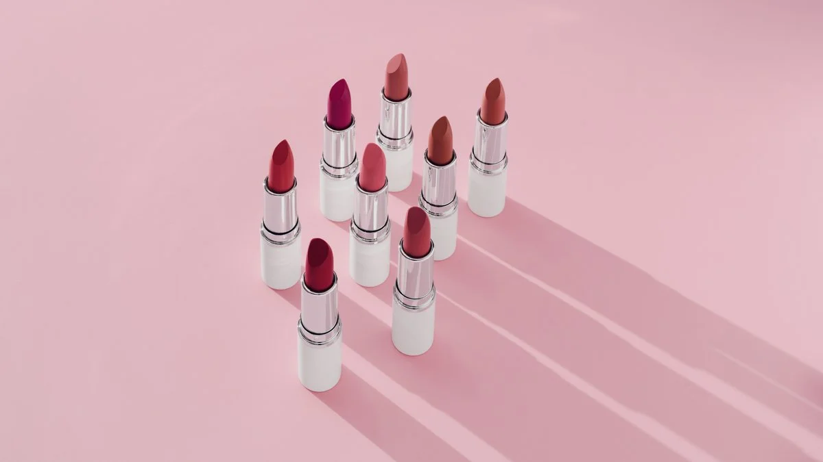 Nine lipsticks arranged in a pattern on a pink background with shadows.