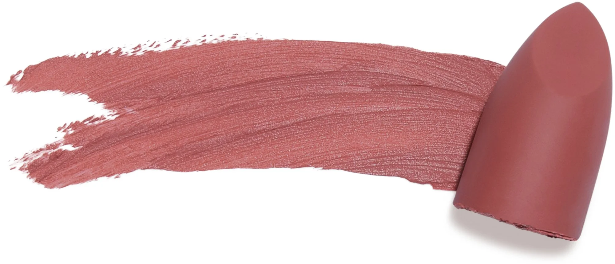 A swatch of pink lipstick color on white background with a lipstick tube beside it.