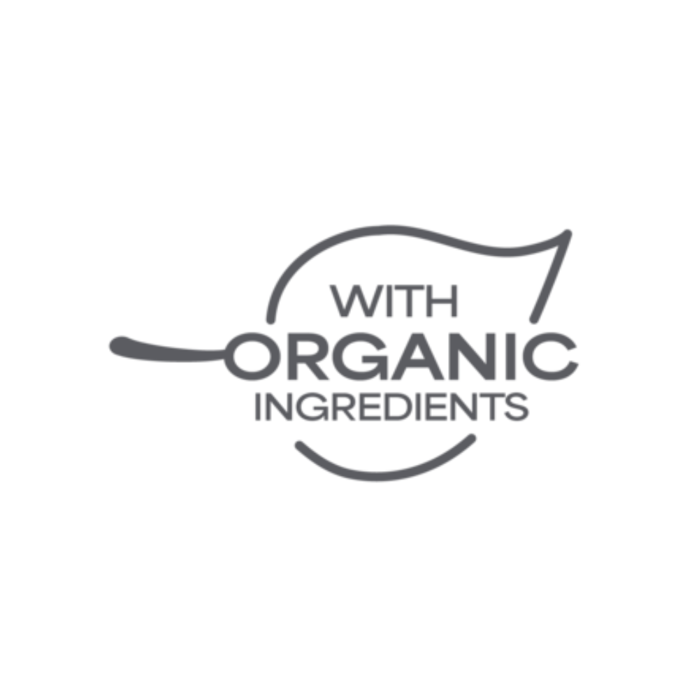 Label with the text 'With Organic Ingredients' in black and white.