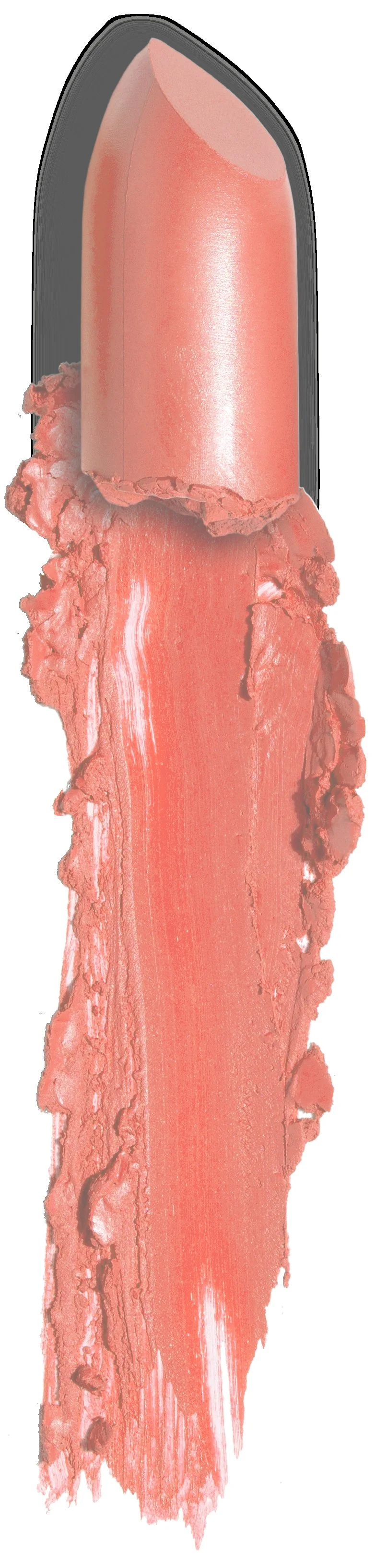 A close-up of a lipstick with a pinkish shade, showing the actual lipstick at the top and the smudged, pressed lipstick below.