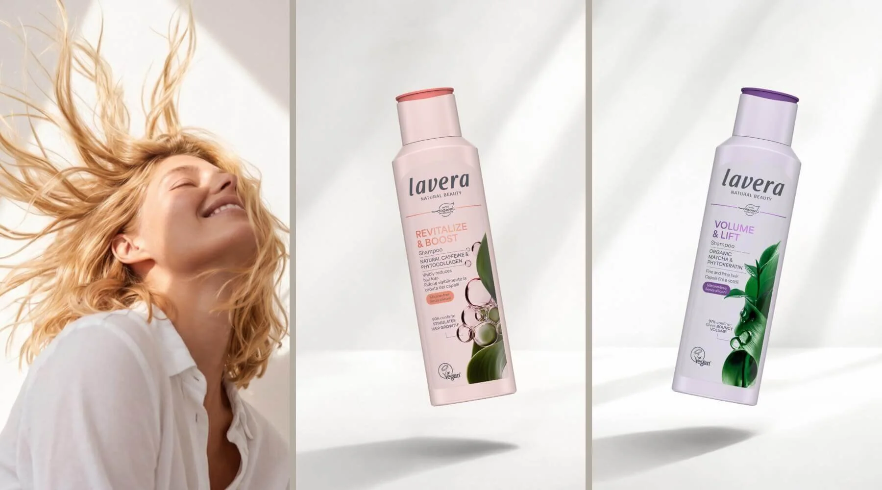 A smiling woman with blonde curly hair, white shirt, and closed eyes, on a white background. a pink bottle of Lavera Revitalize & Boost shampoo with botanical images. To the right, a purple and white bottle of Lavera Volume & Lift shampoo with green leaves.
