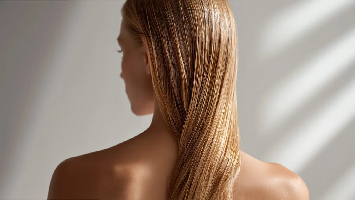 Back profile of a woman with blonde hair.