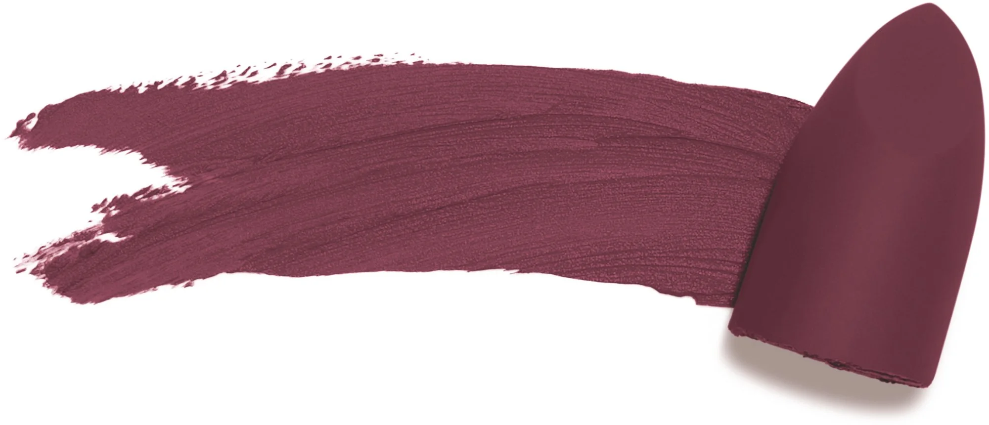 A burgundy lipstick smear on a white background with a lipstick tube on the right.