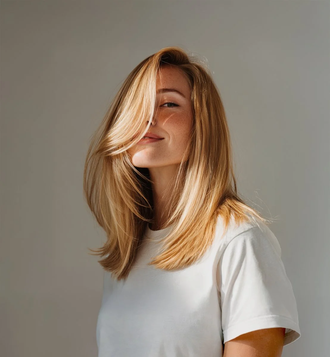 A woman with long blonde hair smiling, wearing a white t-shirt, and standing against a plain grey background.