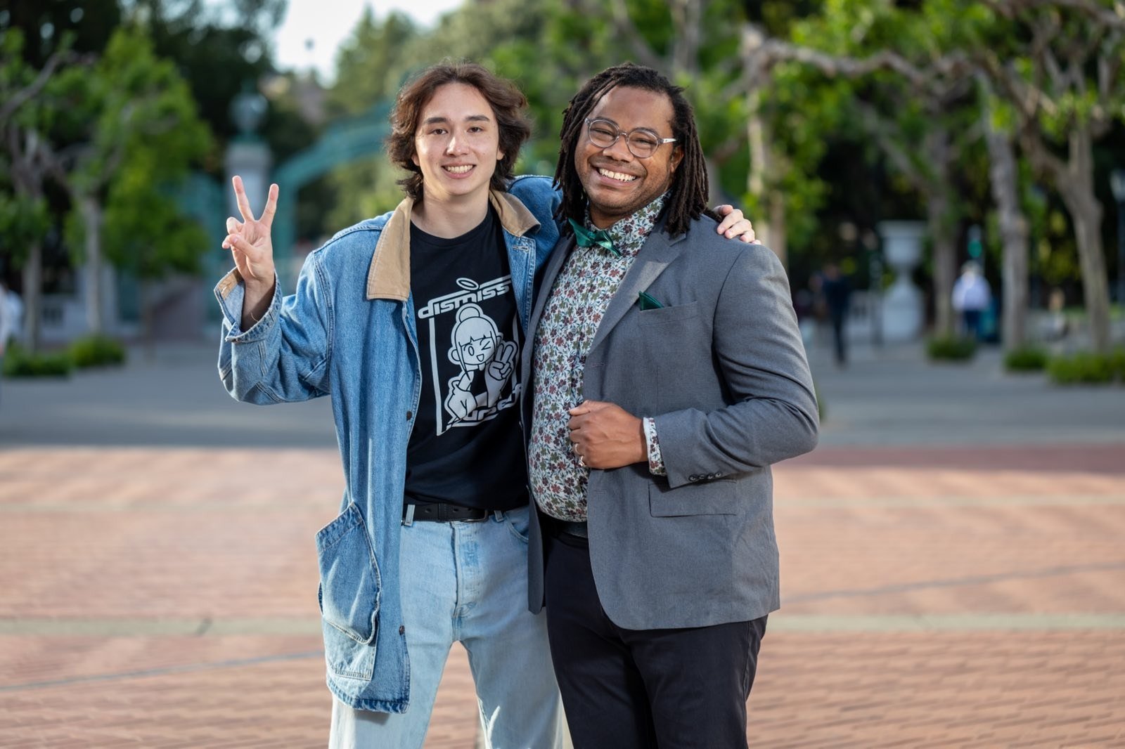 Aidan Hill with a supporter on the UC Berkeley campus.