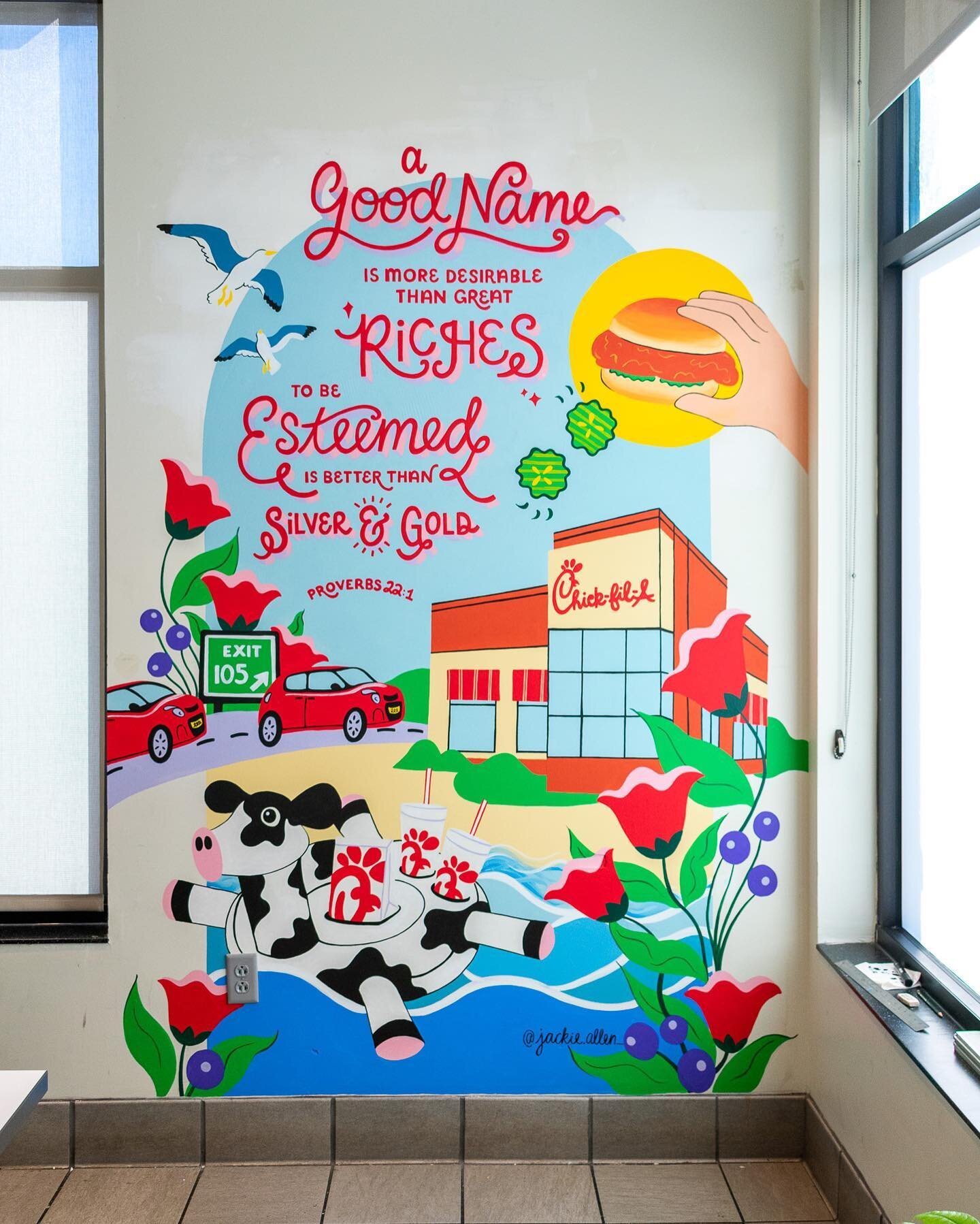 SO happy with how this mural turned out at Chick-Fil-A in Eatontown, NJ! The lettering was definitely not the easiest part, but was so worth the final result.

Huge thank you to everyone at @cfaeatontown for being so welcoming and complimentary! It w