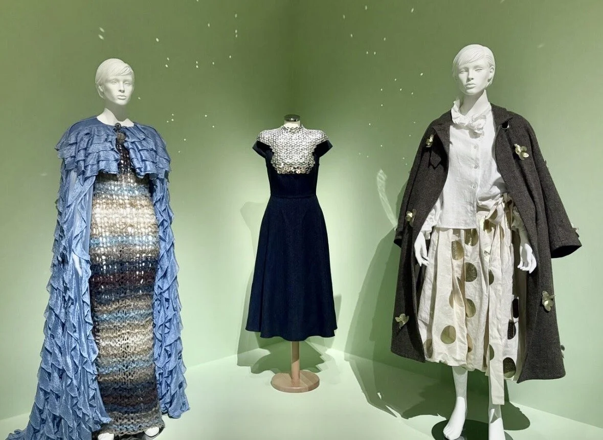 Empathy Armour breastplate by Glass By Butler paired with the Kate dress by Noema James on display at Ulster Museum in Belfast, next to creations by Oran Aurelio and Kindred of Ireland either side.