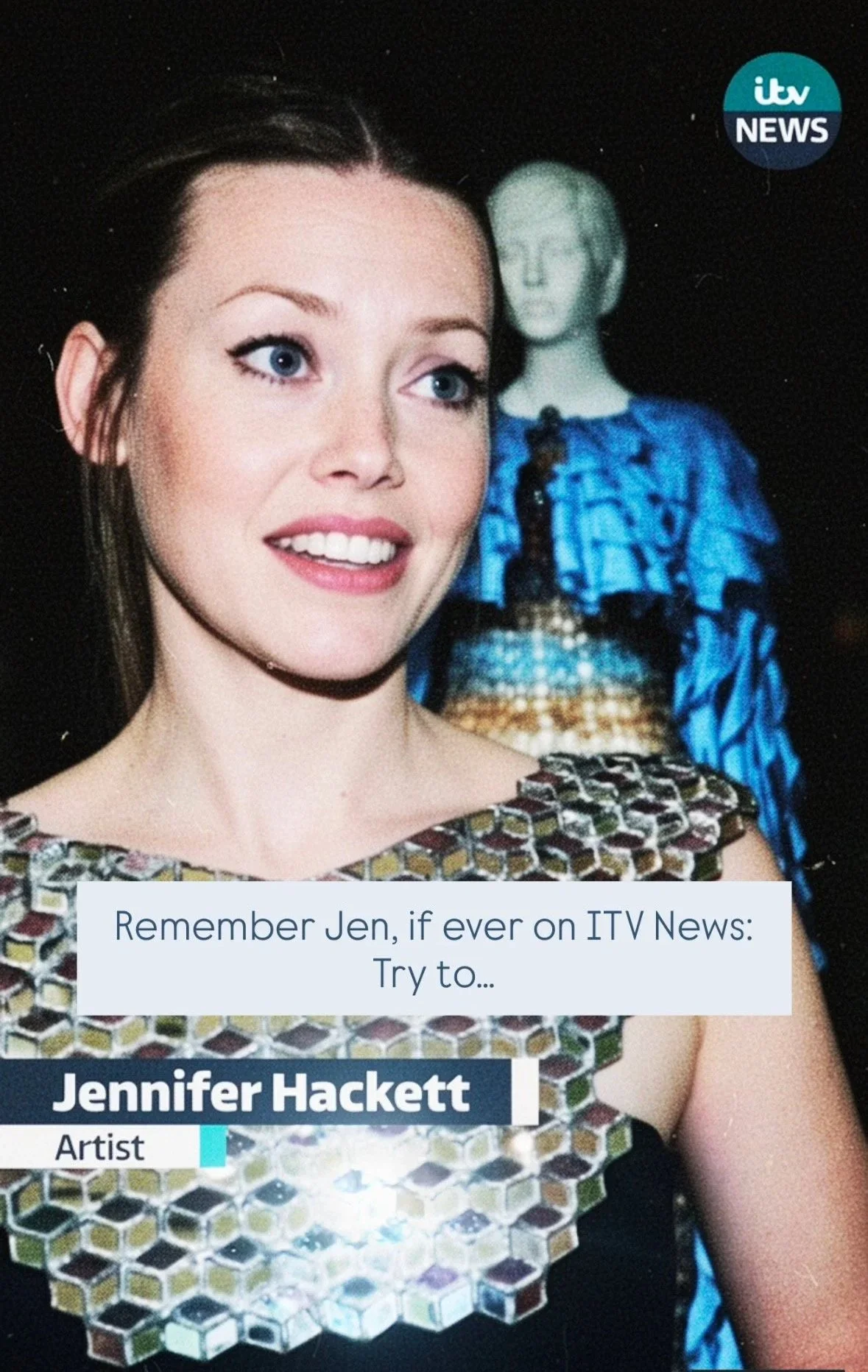 'Maeve' Empathy Armour by Jennifer Hackett (Studio - Glass By Butler). Worn by the artist Jennifer Hackett on ITV News at Ulster Museum.