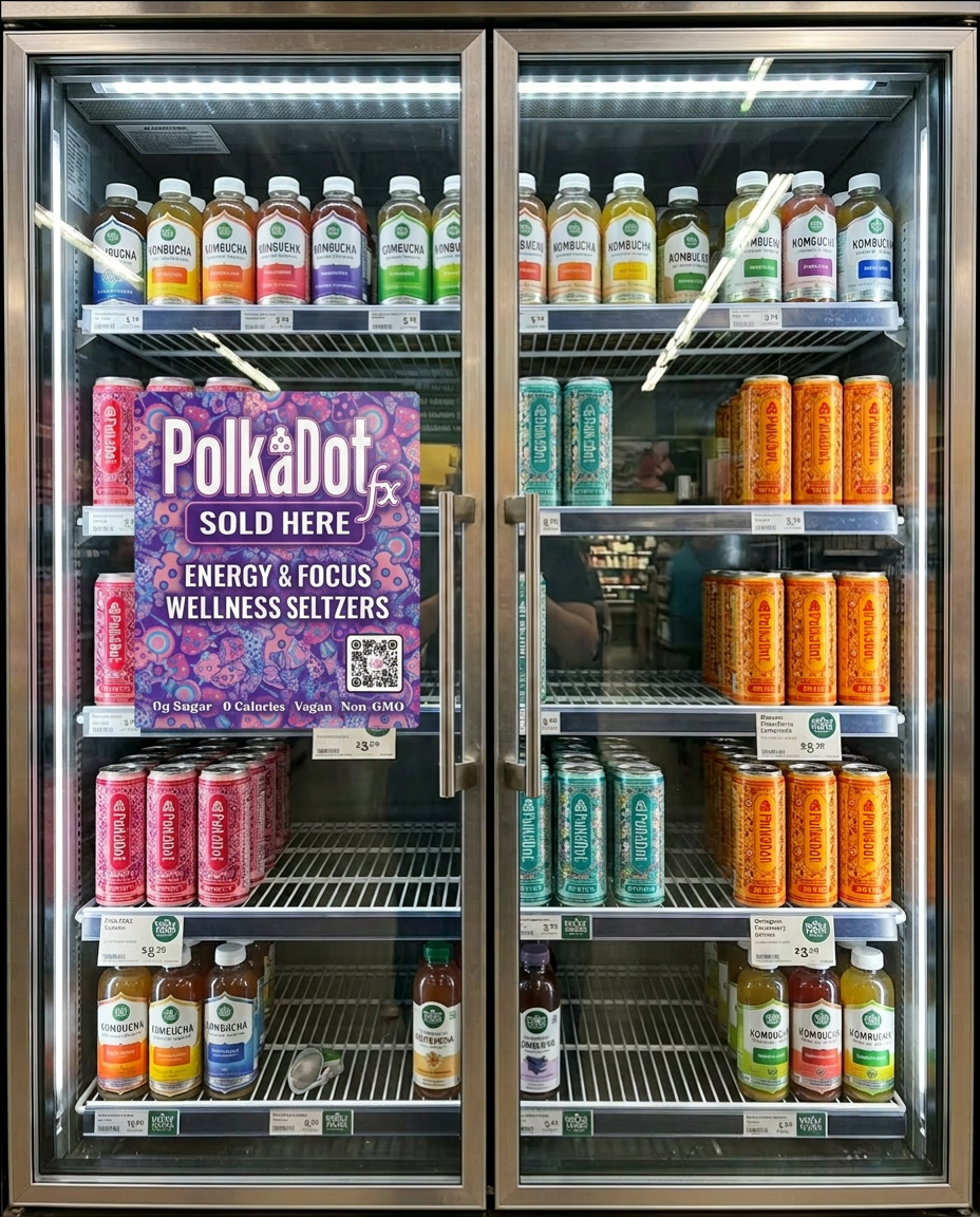 Image 1 — Large Cooler Door Sign

The prominent square sign blocking roughly 3 can-widths


Recommended: 8" × 8" (square)
Good for eye-level placement, highly visible from across the aisle
Alternative: 8.5" × 11" (letter size) if you want more vertic