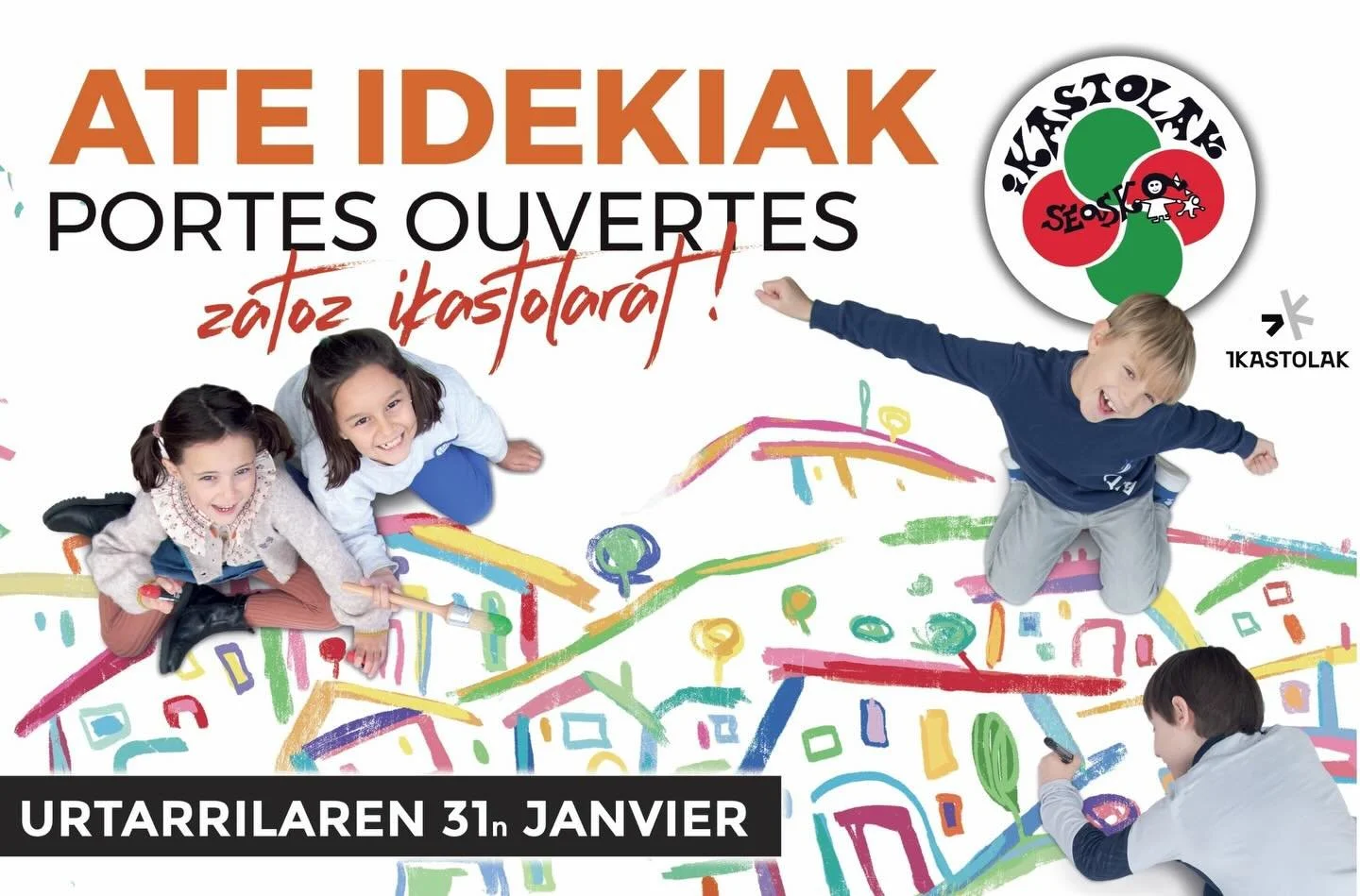 Miarritzeko &laquo;&nbsp;Itsas Argi&nbsp;&raquo; Ikastolak bere ate idekiak antolatzen ditu urtarrilaren 31an, larunbata, 9:30etik 12:00etara.
Zatozte gure eskola bisitatzera, gurasoekin elkartzera eta irakasleekin hezkuntza-proiektuari buruz hitz eg