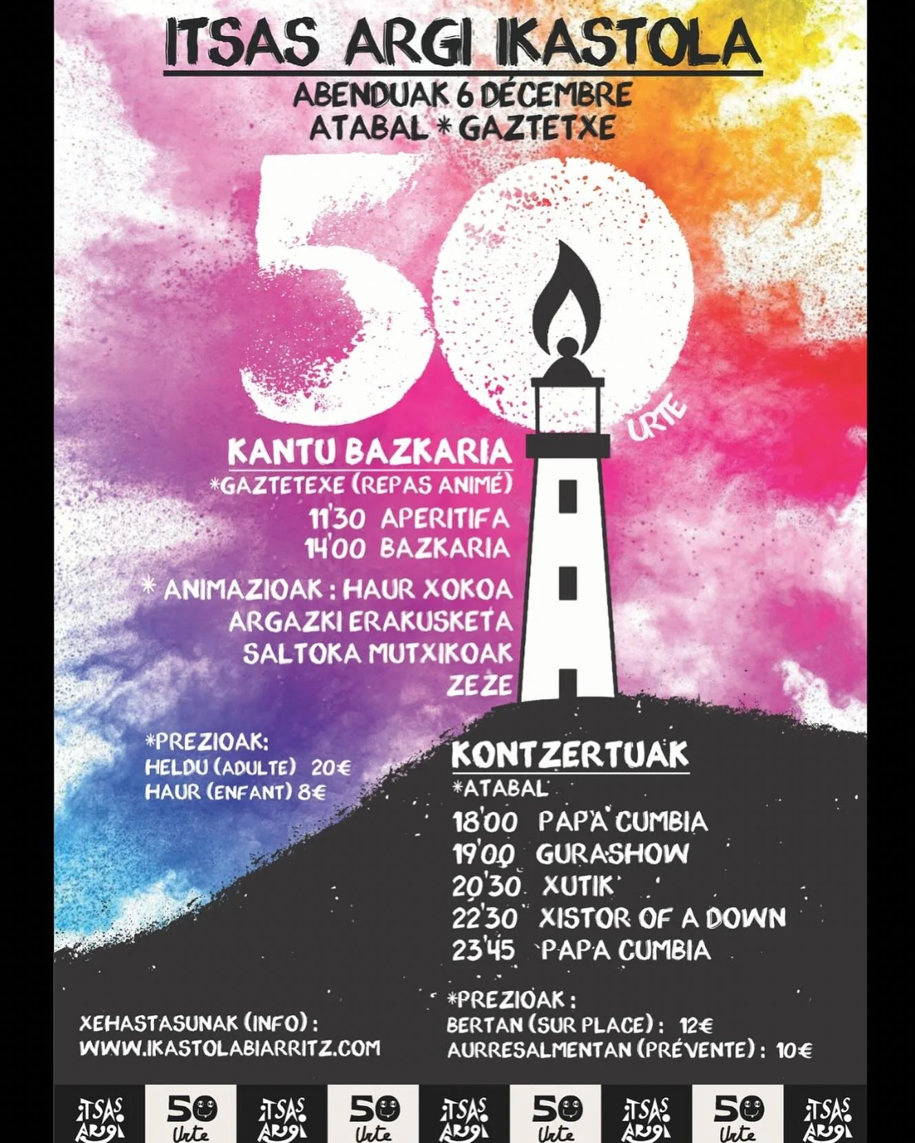 Abenduaren 6ko egitaraua:

Kantu Bazkaria &ndash; Biarritzeko Gaztetxean
🍹 11:30 &ndash; Aperitifa
👶 12:30 &ndash; Hauren bazkaria
🍽️ 14:00 &ndash; Kantu Bazkaria animatua (Haurren jokoak, Z&eacute;z&eacute;, Saltoka mutxikoak) - (Erreserbarekin :