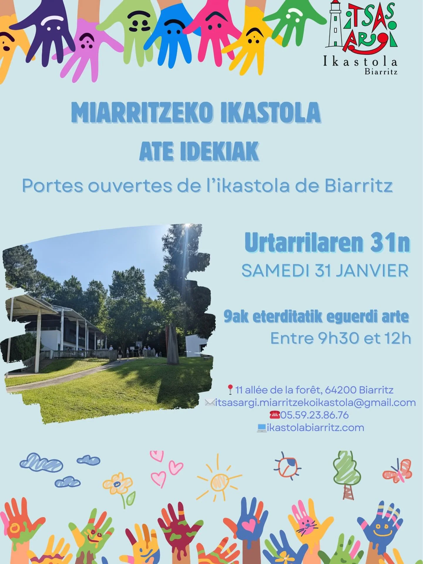 ✨Gure ikastolaren onurak ✨
🌱 Giza eskalako eskola bat, non haur bakoitza ezagutzen, laguntzen eta baloratzen den.
🌳Ingurune natural pribilegiatua, Marion aintziratik 5 minutura
🍽️ Bazkaria eta haurtzaindegia kotisazioan emanak&nbsp;dira, errestasu