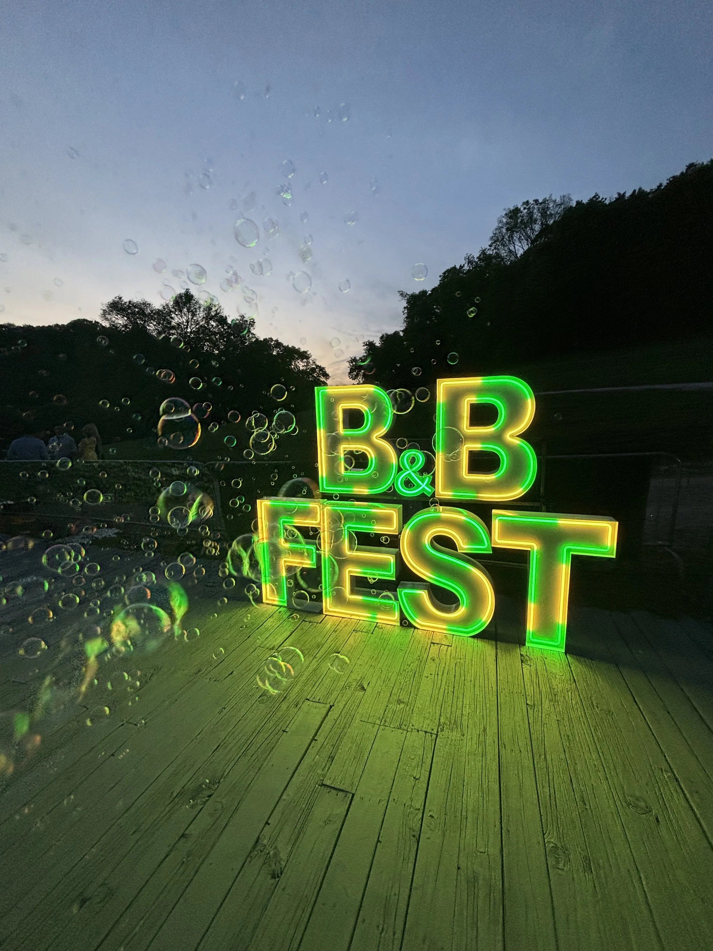 Neon sign reading 'B&B FEST' in yellow and green, placed outdoors on a wooden surface, with rain droplets on the camera lens and a dark, tree-lined sky in the background.