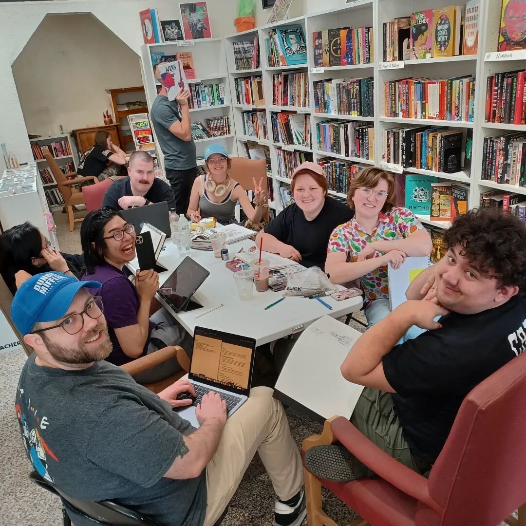 First ink&amp;draw in the new location! Literati Press has moved up the street a bit, to 3022 Paseo. 📚

Here's today's crew, + a piece from last week. :^) Big warm welcome to our newcomers, it was so fun to meet you guys!

~I've been busy with my ow
