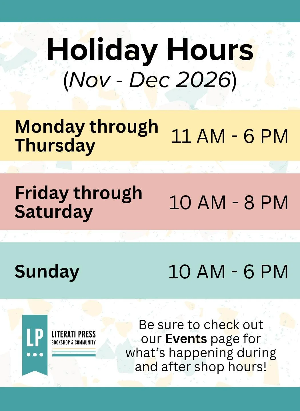 We've got some big news this holiday season! Swipe through for our holiday shop hours... and a little more information on what's going on after hours, too! (That's right. You can reach out today about hosting YOUR event here at Literati Press!)

Holi